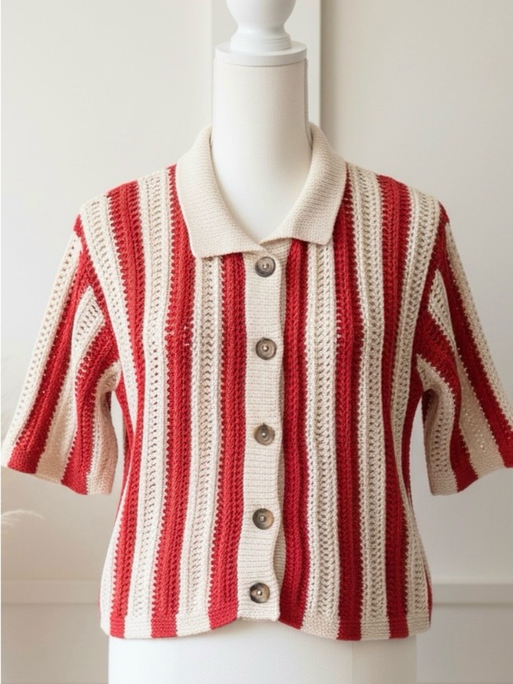 ASOS Red and Cream Striped Crochet Button-Up Cardigan